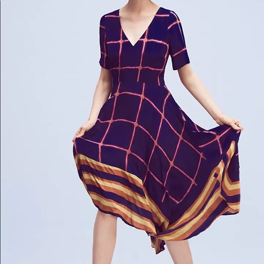 Anthropologie V-Neck Purple and Orange Check Midi Dress